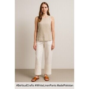 "Behbud Boutique"  Size Large White Embroidery  Pant Pakistani Linen  Blend Boho